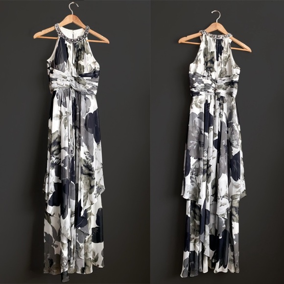 Eliza J Gray Floral Halter Maxi Dress Beaded Empire Formal Gown Event Wedding 2 - Picture 6 of 14